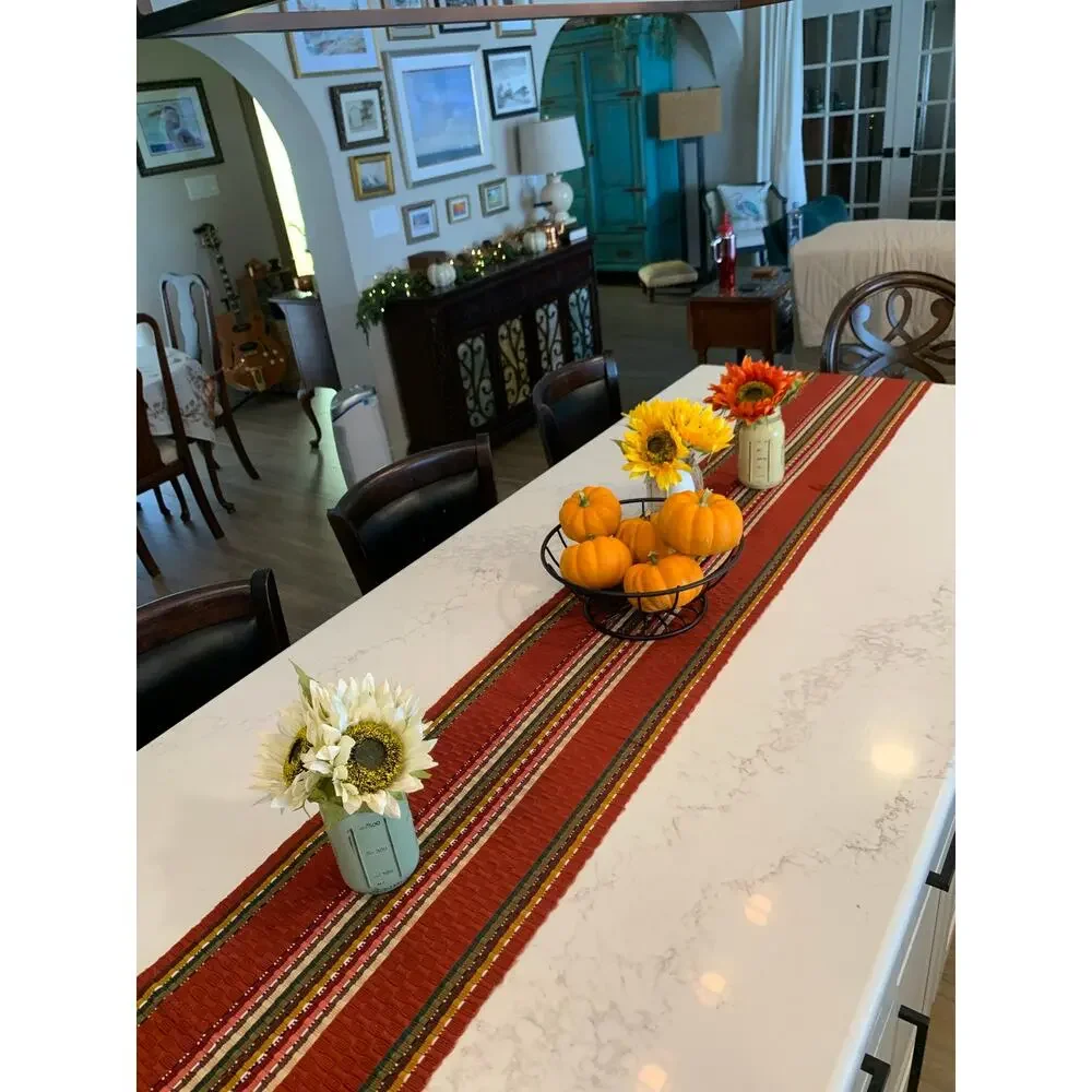Fall Table Runner 112” Rust Red Striped Woven Tassel Thanksgiving Farmhouse